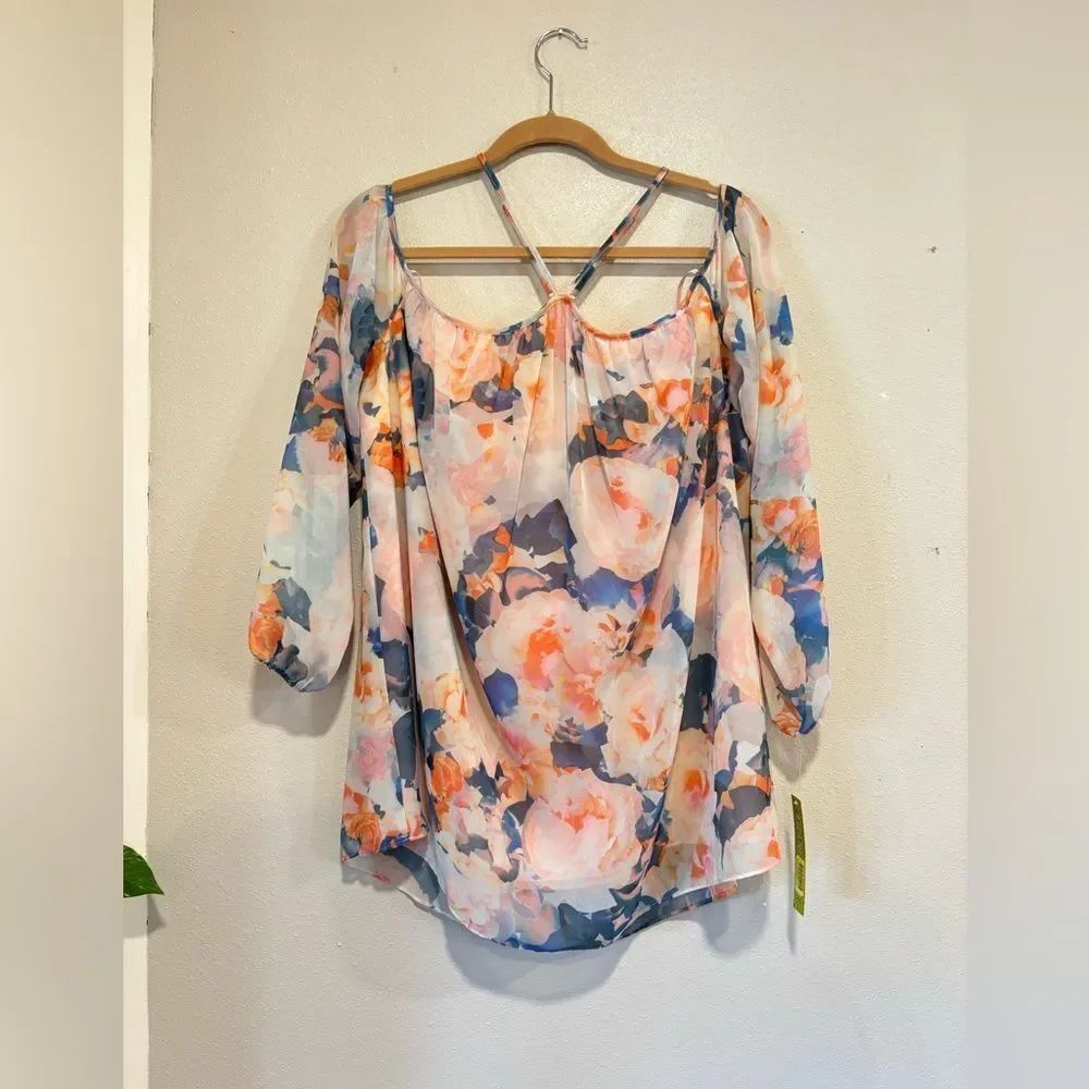 Gianni Bini Floral Cold Shoulder Chiffon Blouse Romantic Boho Top Size M NWT